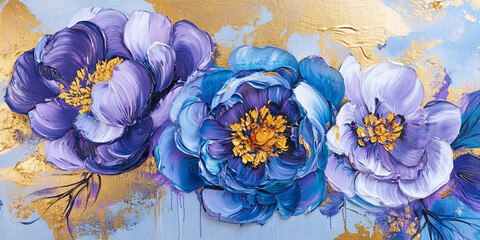 Wall Mural - Blue and Purple Peonies with Gold Painting, floral wall art for home decor