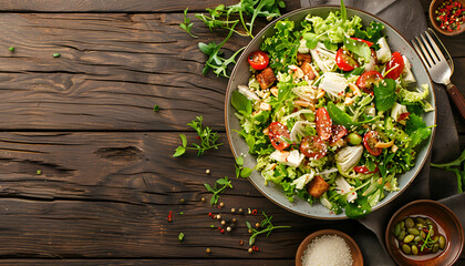 Wall Mural - Tasty salad with Chinese cabbage served on wooden table, flat lay