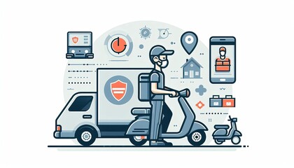 Online delivery service concept, online order tracking, delivery home and office. Warehouse, truck, scooter and bicycle courier, delivery man in respiratory mask. Vector illustration art