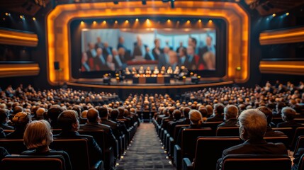 Wall Mural - Audience Gathered at Evening Event Inside Modern Auditorium With Large Projected Screen