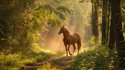 Wall Mural - A graceful horse trotting along a forest path with dappled sunlight filtering through the trees.