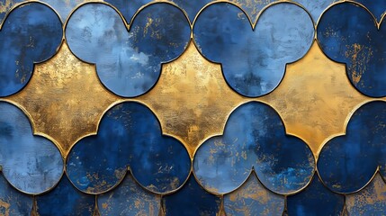 Poster - A striking decorative wall showcases intricate blue and gold patterns arranged artistically