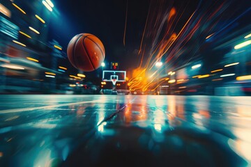 dynamic night shot of illuminated basketball court ball frozen midair motion blur dramatic lighting urban sports atmosphere