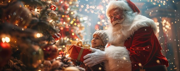 Festive scene of Santa Claus with children by Christmas tree holding gifts in snowy setting