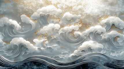 Canvas Print - Swirling clouds dance above ocean waves, reflecting golden light during the tranquil dusk