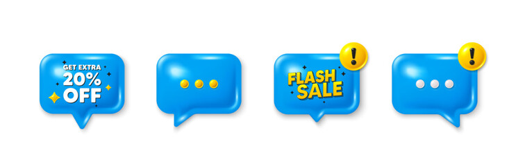 Sticker - Offer speech bubble 3d icons. Get Extra 20 percent off Sale. Discount offer price sign. Special offer symbol. Save 20 percentages. Extra discount chat offer. Flash sale, danger alert. Vector