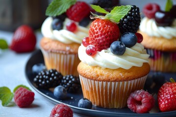 Wall Mural - Delicious cupcakes decorated with fresh berries and mint leaves on blue plate are waiting for the guests