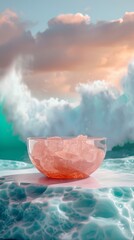 Poster - A bowl of pink ice cream is on a table next to a body of water