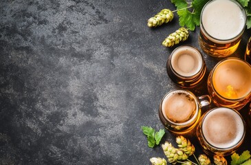 Wall Mural - Flat lay of traditional Bavarian Oktoberfest beers and steins, with hops and barley, lager in glass mugs and copy space