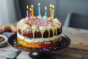 Wall Mural - Festive birthday cake is presented on a table, complete with lit candles and colorful sprinkles