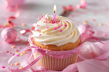 Wall Mural - Cupcake with a lit candle is sitting on a pink cloth, surrounded by pink ribbon and sprinkles