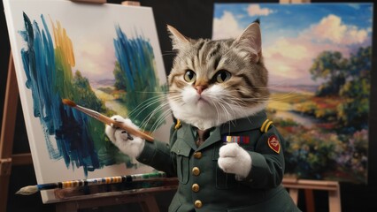 Canvas Print - A cat in uniform painting a picture of an animal, AI