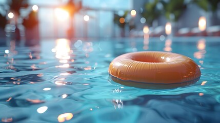 A yellow rubber ring floats in a pool of water. The water is calm and the sun is shining through the windows