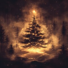 Wall Mural - A glowing Christmas tree is surrounded by smoke and fire, creating a mystical and magical atmosphere. The tree is the focal point of the image, with its branches reaching out in all directions