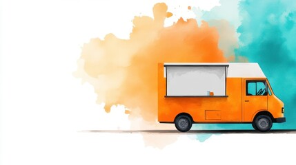 Orange food truck with watercolor background, perfect for your business promotion.