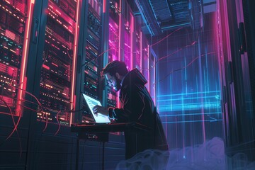 Leinwandbilder - A hacker types furiously on a laptop, illuminated by vibrant neon lights, while surrounded by rows of servers in a dimly lit data center. Generative AI