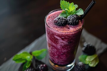 Poster - Refreshing blackberry smoothie topped with fresh mint leaves and blackberries is perfect for a healthy breakfast or snack