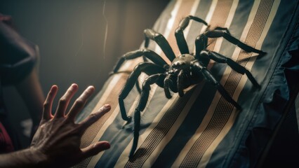 Poster - A person reaching out to touch a large spider on the bed, AI