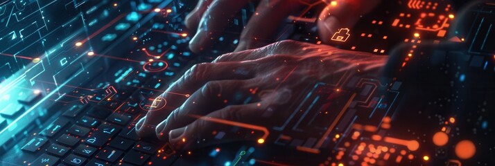 Fototapete - Hacker rapidly types on a keyboard, illuminated by screens filled with digital codes and symbols, creating an atmosphere of intense focus and secrecy. Generative AI