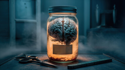 Canvas Print - A jar with a brain inside and scissors on the table, AI