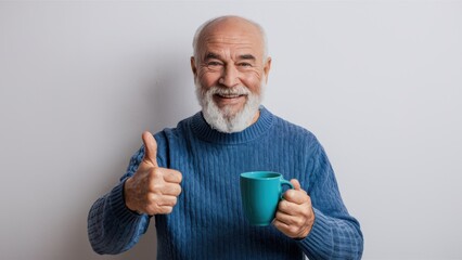 Canvas Print - A man with a beard and blue sweater holding up his thumb, AI