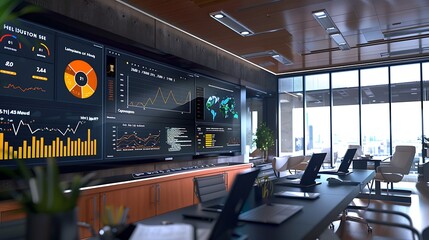 An office with digital dashboards showcasing key performance indicators and financial data analysis.