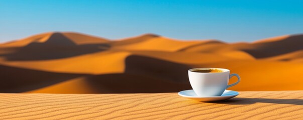 Wall Mural - A white cup of coffee on sand dunes under a bright blue sky, serene morning in the desert. Tranquil outdoor setting concept