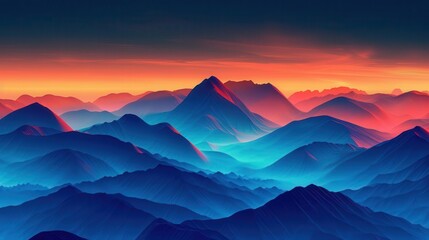 Wall Mural - abstract digital landscape with geometric mountains vibrant gradient color scheme morphs from cool blues to fiery oranges creating dynamic and mesmerizing wallpaper design