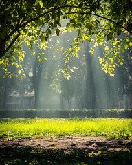 Poster - Sunlight filtering through lush green trees in a serene park. Beautiful nature scene with rays of sunlight and shadows. Ideal for backgrounds, posters, and calming visuals. AI