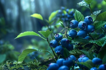 Sticker - Ripe blueberries are growing on a bush in a forest, illuminated by a ray of sunshine