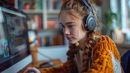 Young Woman Programming with Headphones