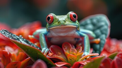 Red-Eyed Tree Frog on a Red Flower