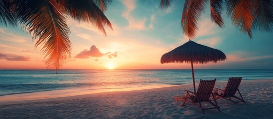 Two Beach Chairs Under a Thatched Umbrella at Sunset