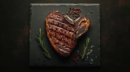 Wall Mural - Grilled Steak with Rosemary and Spices on a Black Slate Plate