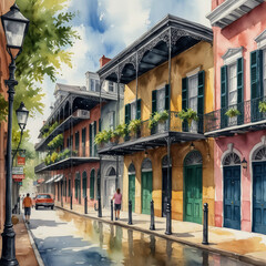 Poster - Watercolor illustration of the French Quarter in New Orleans, Louisiana. Capture the vibrant, historic charm of this iconic district