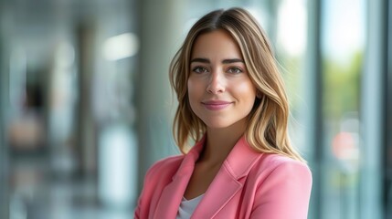 confident businesswoman in a striking pink blazer stands tall in a modern office setting sharp focus on her professional demeanor with a blurred background of sleek corporate architecture