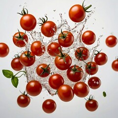 A lively image featuring a cluster of cherry tomatoes with green stems, surrounded by splashes of water, and accompanied by a few basil leaves. The white background accentuates the vibrant colors and 