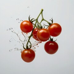 An AI-enhanced image of a bunch of cherry tomatoes with water splashes against a plain white background. The image highlights the freshness and vibrant red color of the tomatoes.