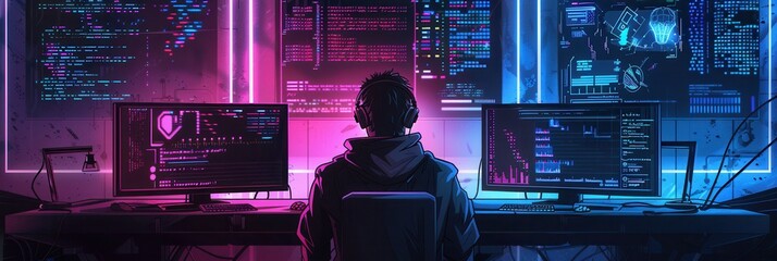 Fototapete - A hacker sits at a desk in a dim room, focused on various computer screens displaying code and data during the late hours of the night. Generative AI