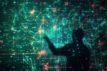 Fototapete - A hacker interacts with vibrant digital data patterns in a dimly lit environment, showcasing advanced technology and analytical skills. Generative AI