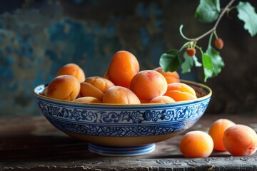 Wall Mural - Ripe apricots overflowing a blue and white bowl, with a sprig of leaves hanging over the edge