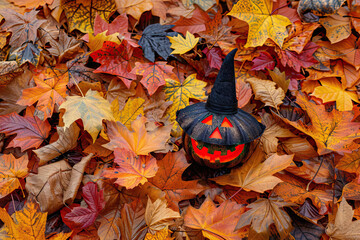 Sticker - Halloween themed display featuring a pumpkin wearing a witch hat amidst a bed of multicolored autumn leaves.