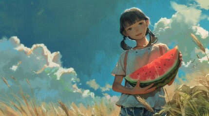 Cartoon character cute little girl hold and eat watermelon in plantation field in farm