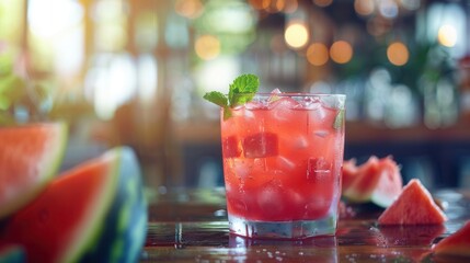 Glass of juice and fresh sweet ripe watermelon on table