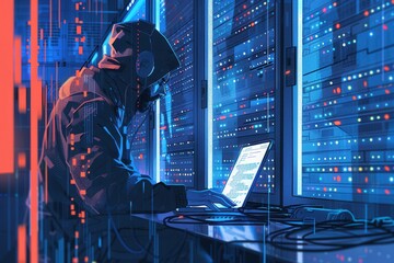 Aufkleber - A hooded figure intensely works on a laptop amidst glowing server racks, surrounded by digital data at night, focusing on complex tasks. Generative AI
