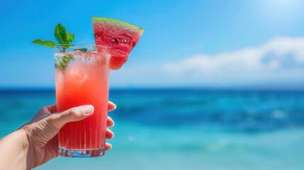 Hand holding a glass of watermelon juice with blue sea background