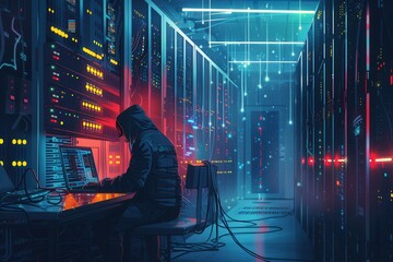 Leinwandbilder - A hooded figure is working on a computer in a dimly lit server room, surrounded by rows of glowing servers and intricate network connections. Generative AI