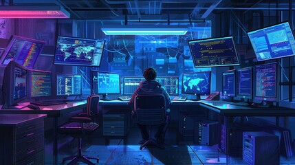 Poster - A hacker focuses on various computer screens in a dimly lit room, engaged in intense coding and cybersecurity activities during the night. Generative AI