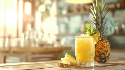 Fresh pineapple juice drink with fruit in a restaurant bar