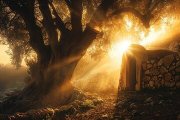 Wall Mural - ethereal scene of an empty tomb at sunrise bathed in golden light mist curls around ancient olive trees creating a powerful atmosphere of resurrection and hope